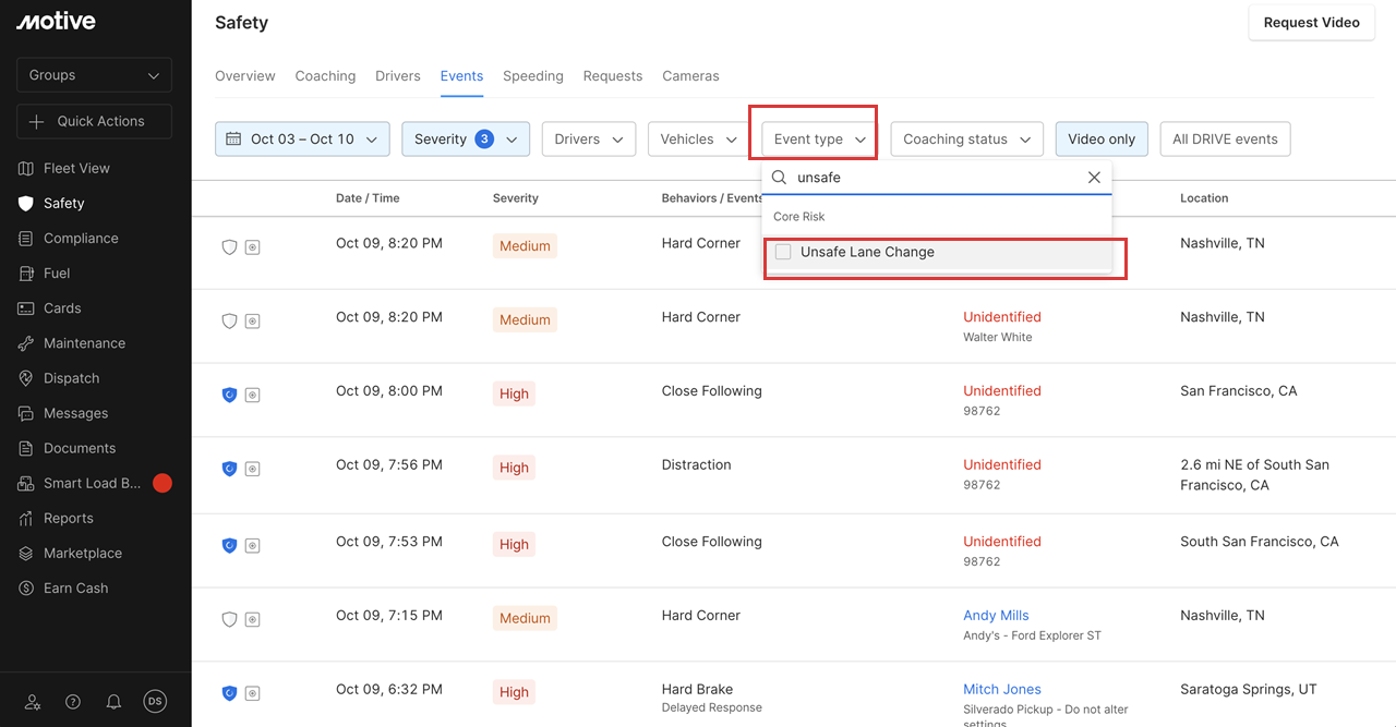 How to view Unsafe Lane Change Events on the Motive Fleet Dashboard
