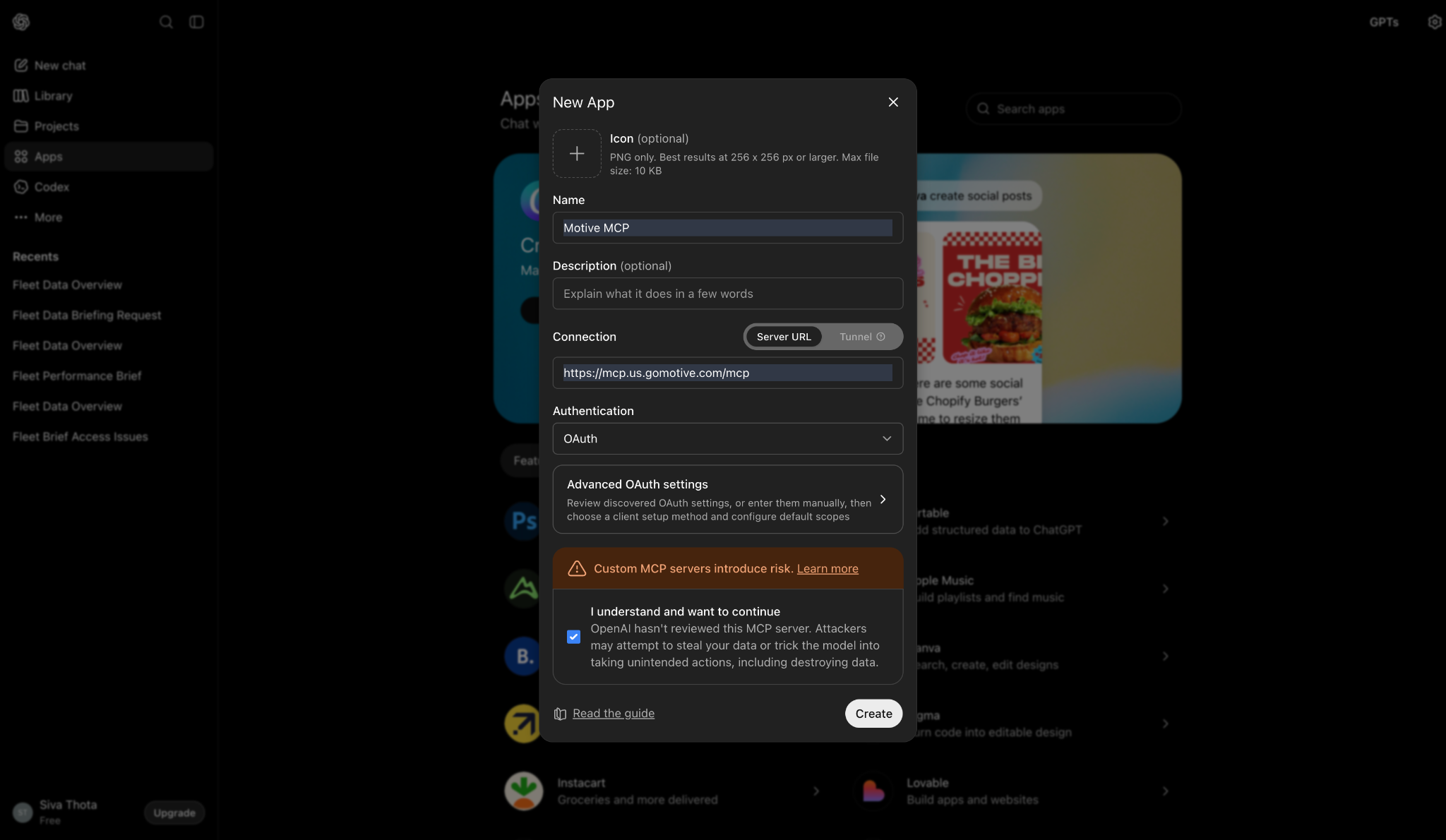 ChatGPT New App dialog with Motive MCP name, MCP server URL, OAuth authentication, and acknowledgment checkbox checked