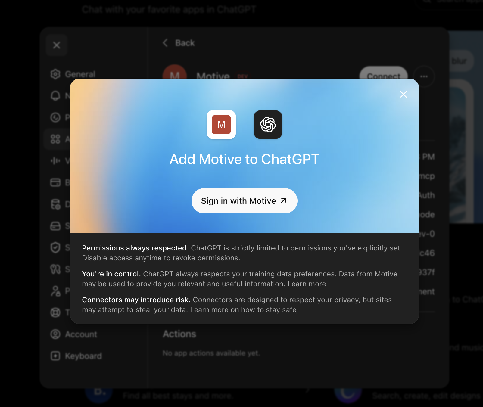 Add Motive to ChatGPT screen showing the Sign in with Motive button