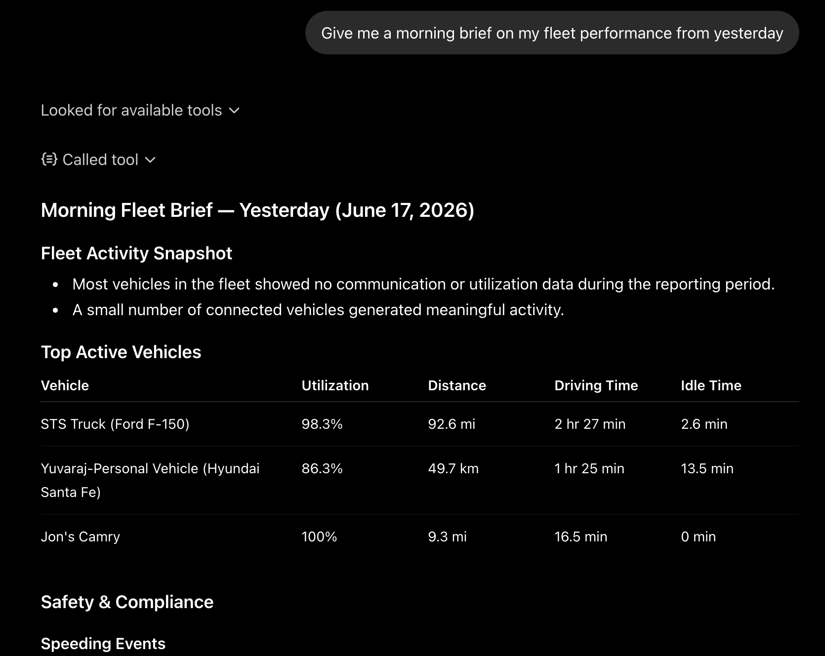 ChatGPT showing a morning fleet brief response with fleet activity snapshot, top active vehicles, and safety data