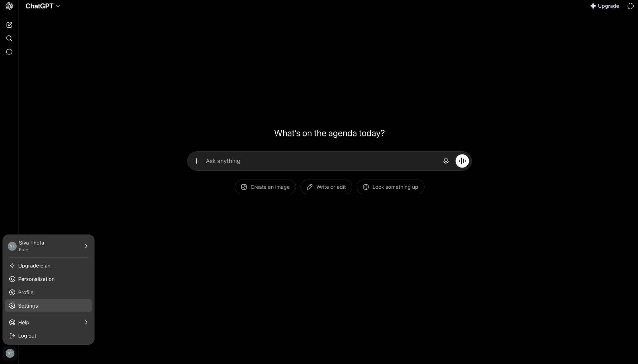 ChatGPT interface with profile menu open showing the Settings option