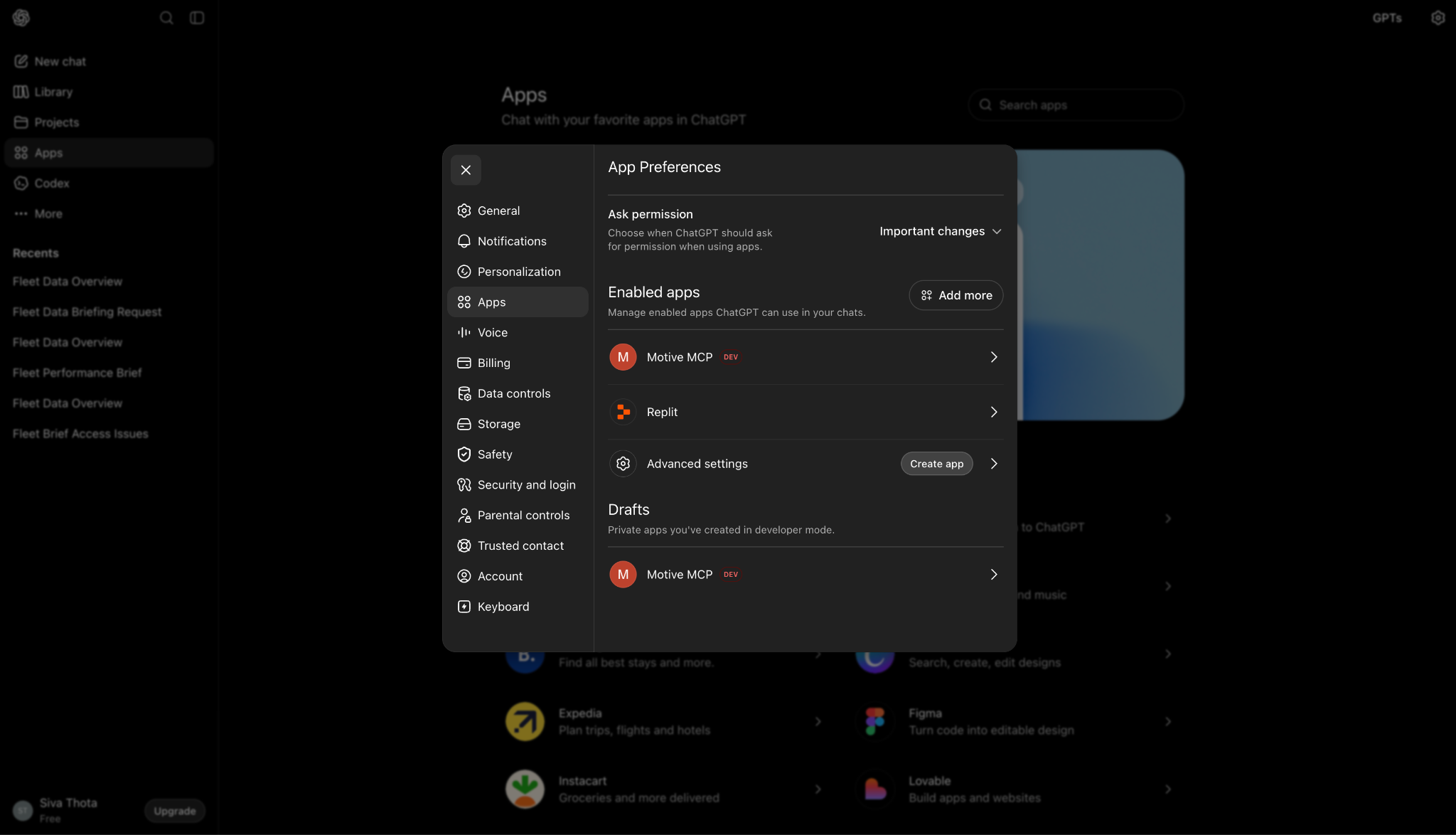 ChatGPT Settings page with Apps selected, showing the Create app button and Enabled apps list
