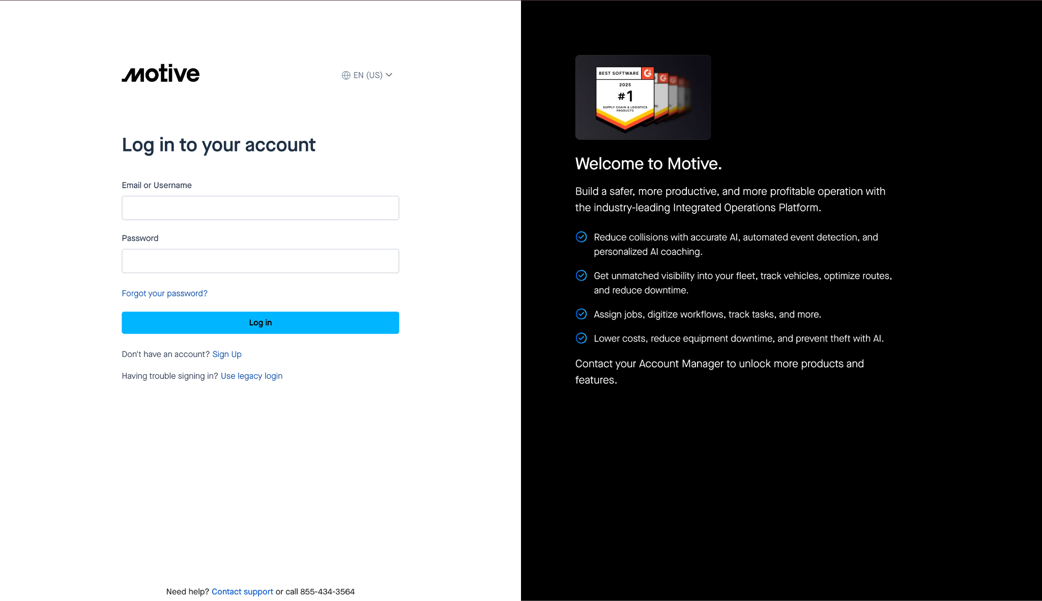 Motive Log in to your account screen