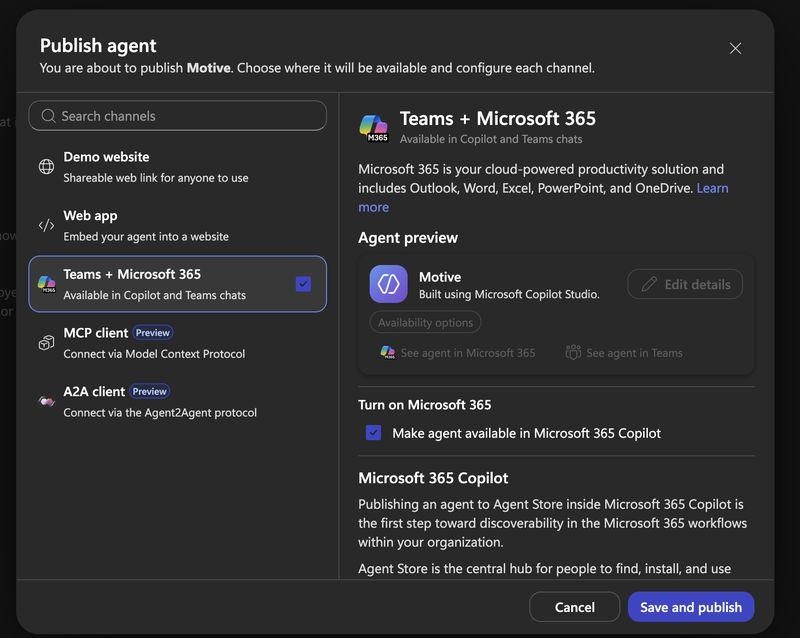 Publish agent dialog