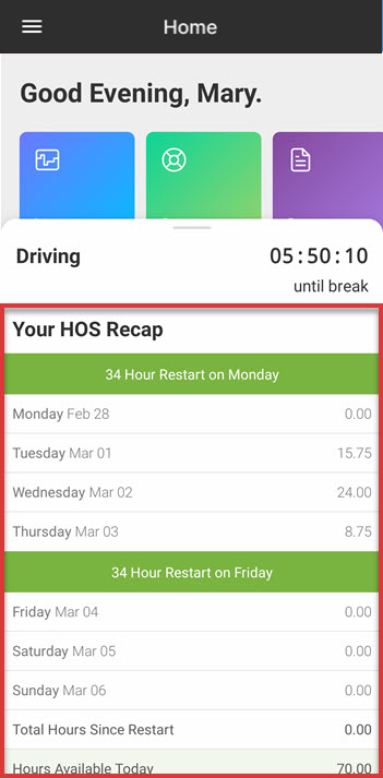 USA Property 70 Hour 8 Day Hours of Service - Recap Calculator