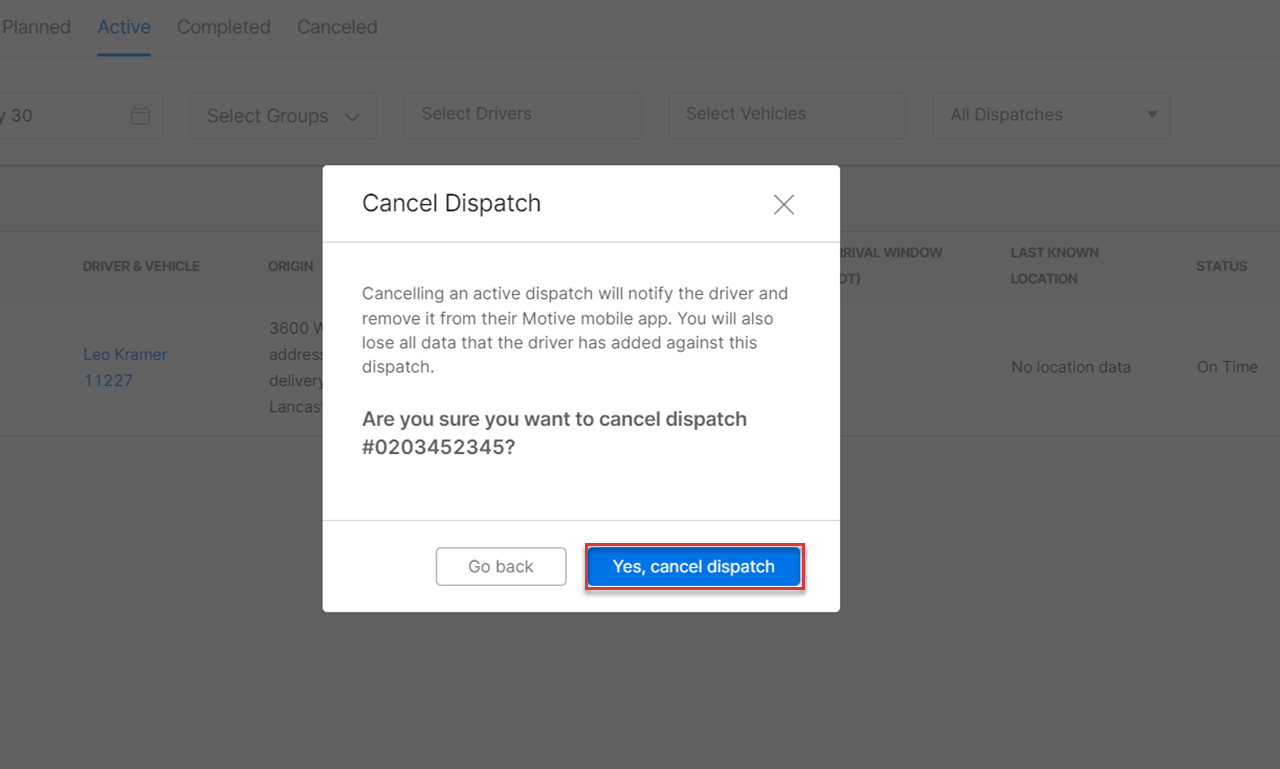 How to cancel a dispatch from Fleet Dashboard – Motive Help Center